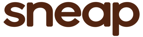 The wordmark 'sneap' appears in a bold, rounded brown typeface on a solid black background.