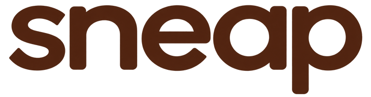 The wordmark 'sneap' appears in a bold, rounded brown typeface on a solid black background.